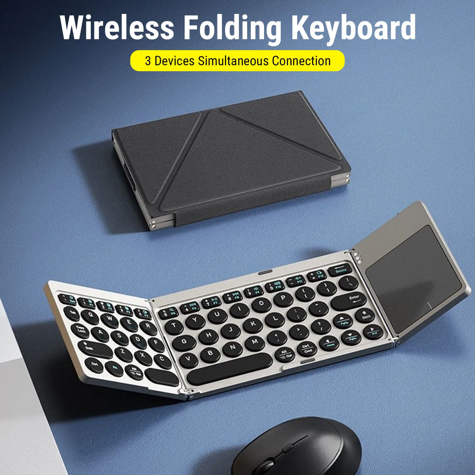 【HEISS】Faltbare Bluetooth-Tastatur, tragbare kabellose Tastatur mit PU-Lederbezug, Touchpad für Tablet, Laptop, Smartphone Image