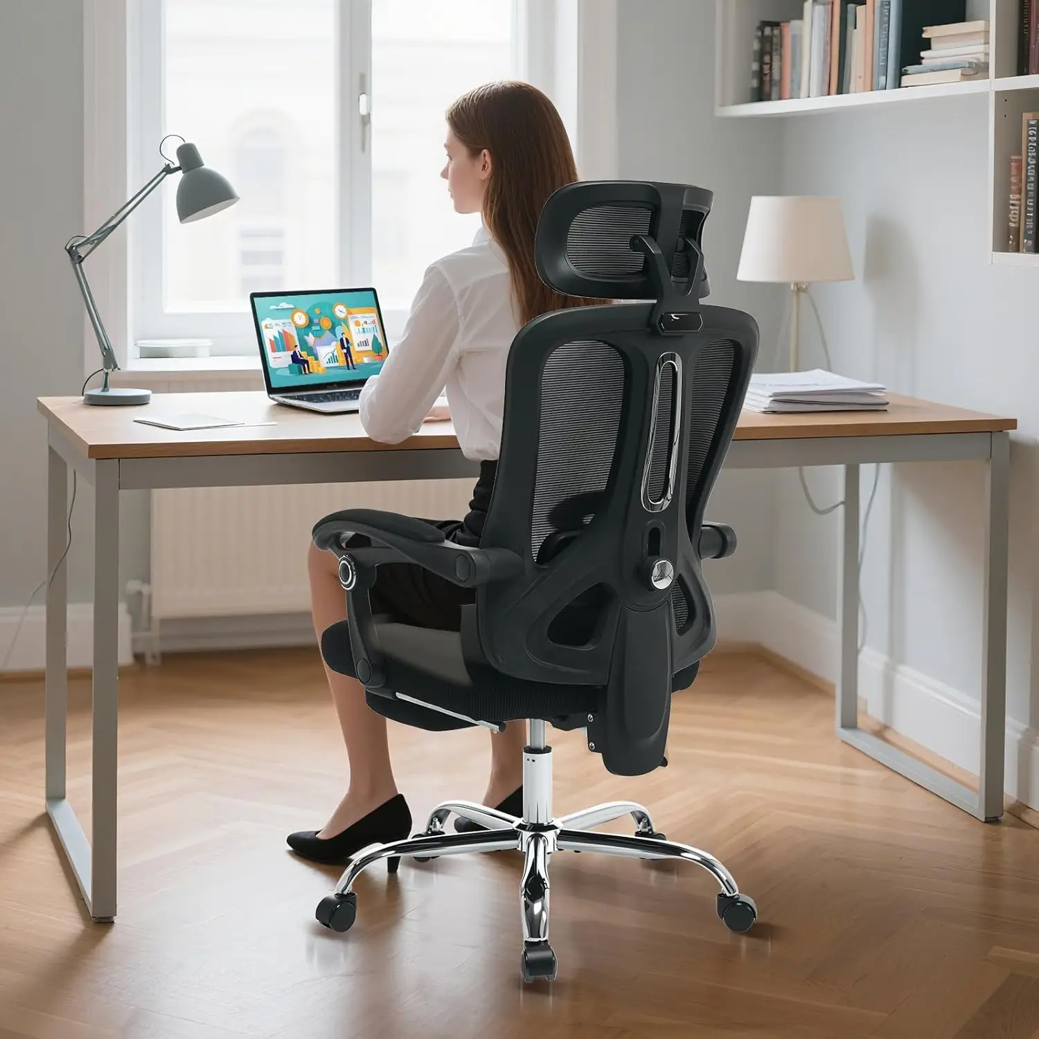 Ergonomischer Gaming-Stuhl mit hoher Rückenlehne und Netzstoff, ausziehbarer Fußstütze, verstellbarer Kopfstütze und Lendenwirbelstütze, geräumiger, komfortabler Bürostuhl mit Rollen, drehbarer Computerstuhl für Zuhause, Studium und Arbeit, große... Image
