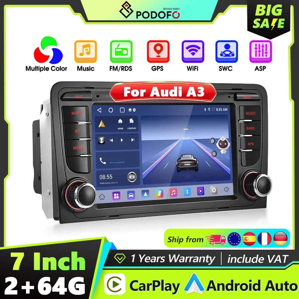 Podofo 2DIN 2+46G Intelligentes Autosystem mit Carplay, Android Auto, Mirror Link, GPS, WLAN und Autoradio für Audi A3 8P 8P1 S3 RS3 Sportback Image
