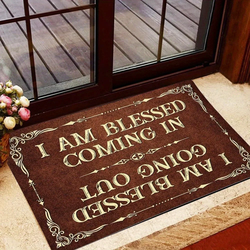 Fußmatte mit inspirierendem religiösem Zitat: „Ich bin gesegnet, als ich komme, und ich gehe wieder weg“ – Rutschfeste Bodenmatte für den Eingangsbereich, perfektes Geschenk Image