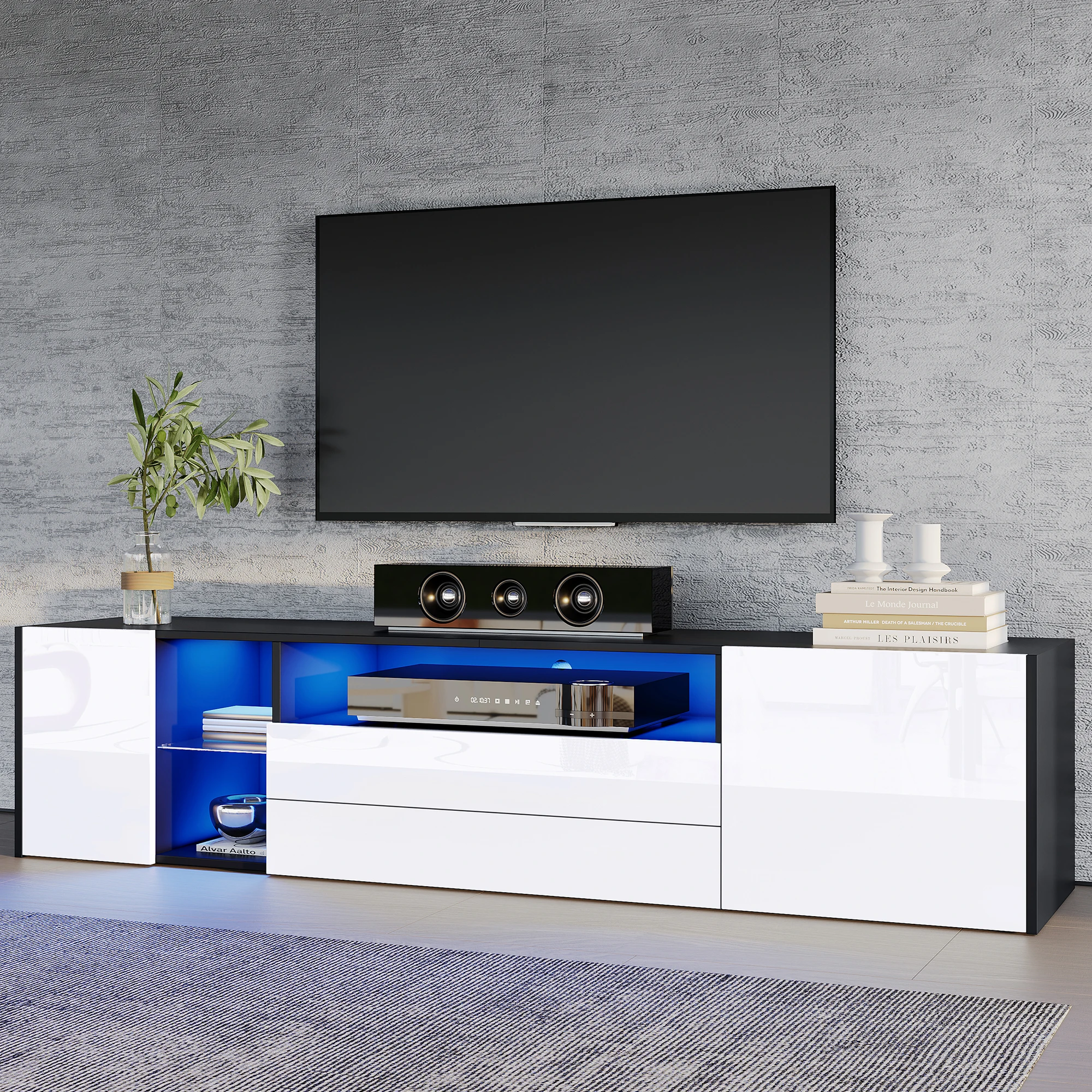 Meuble TV, meuble TV bas à LED brillant, meuble TV avec 2 tiroirs et 2 armoires, adapté pour téléviseur de 75 pouces