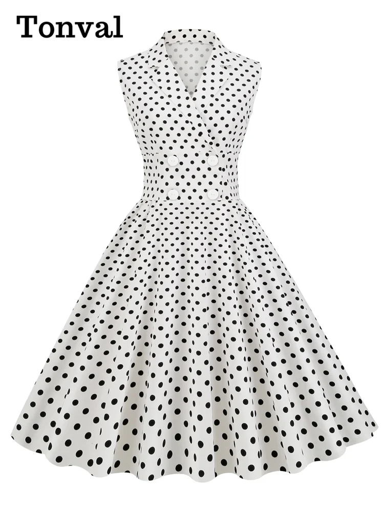 Tonval Kerb Kragen Zweireiher Weiß Baumwolle Kleider Frauen Ärmellose Polka Dot Vintage Rockabilly Midi Kleid 2022