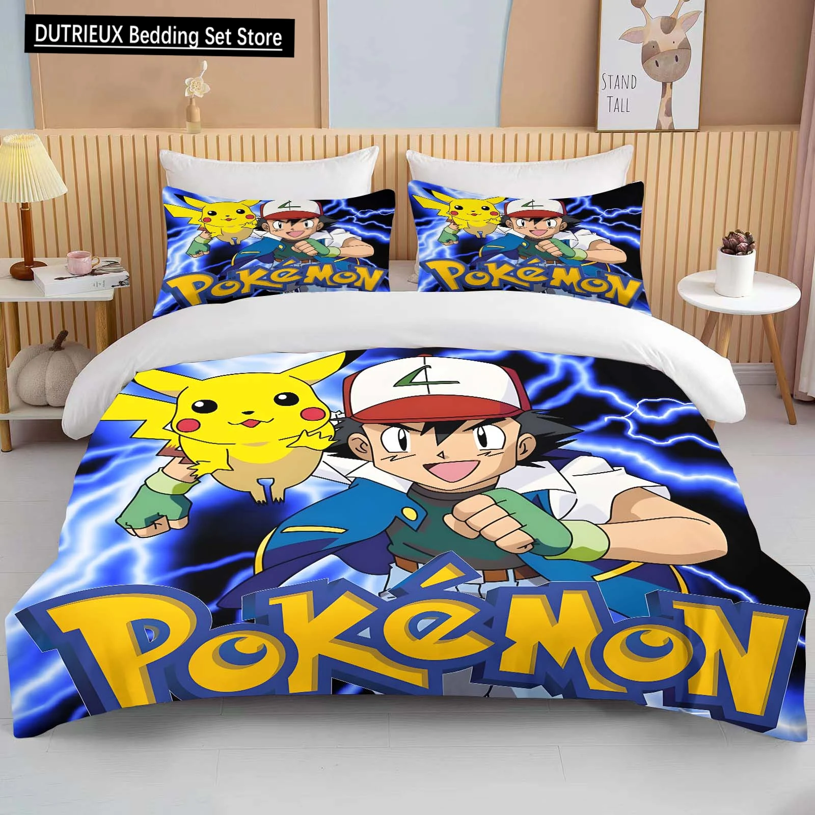 Ensemble de literie imprimé Pokémon Pikachu, ensemble de literie en microfibre, dessin animé, taie d