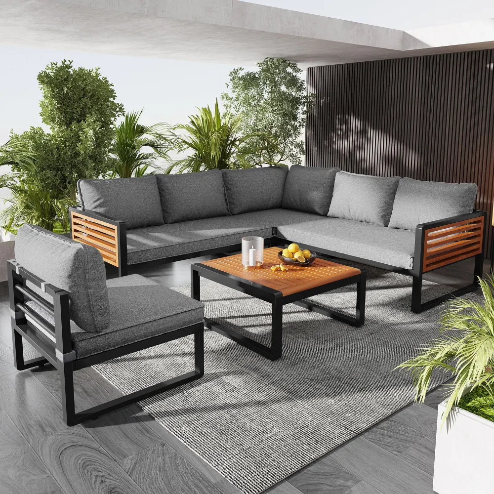 Ensemble de salon de jardin, ensemble de canapés de jardin pour 5-6 personnes, ensemble de meubles de jardin avec structure en fer galvanisé, fauteuils décoratifs en bois