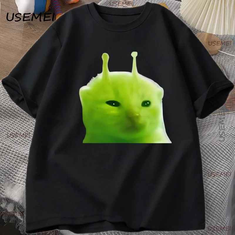 Grünes Alien-Katze-T-Shirt für Damen und Herren, Katzen-Meme-T-Shirt, Glorp-Gnarp-Katze, Gehirnrot-T-Shirt, albernes süßes T-Shirt, lockere Baumwolle, kurzärmelig