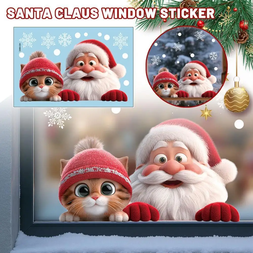 2 Stück 3D Visuelle Animationen Statische Aufkleber Frohe Weihnachten Festival Heimdekoration Lieferungen Katzen & Weihnachtsmann Statische Aufkleber Image