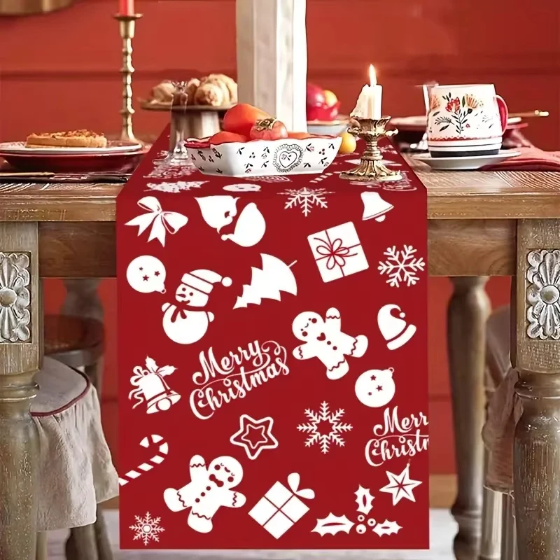 Festlicher roter Weihnachts-Tischläufer – verschiedene weiße Weihnachtssymbole drucken | Ideale Weihnachtsdekoration und Weihnachtsgeschenk Image