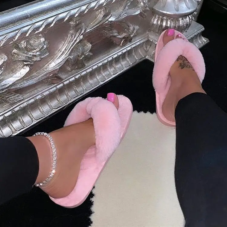 Winter Frauen Haus Hausschuhe Faux Pelz Warme Flache Schuhe Weibliche Slip Hause Damen Hausschuhe Größe 36-43 Großhandel