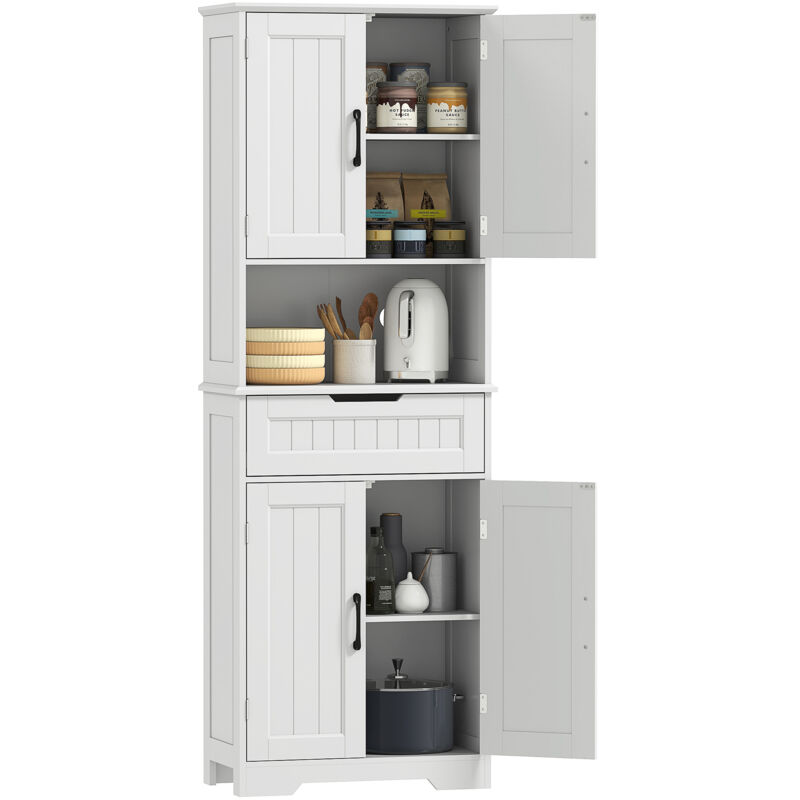 Homcom Credenza Cucina Alta, Mobile Dispensa Con Foro Passacavi E Piano Portamicroonde, Mobile Cucina Con 2 Armadietti, Cassetto, Ripiani Regolabili, Per Sala Da Pranzo, Soggiorno, 60x30x172cm, Bianco
