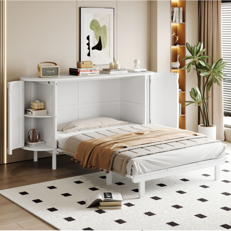 Letto A Scomparsa 140 X 200 Cm, Letto A Scomparsa Con Rete A Doghe, Letto Pieghevole A Parete, Letto A Scomparsa Verticale Con Rete A Doghe, Con Vani Portaoggetti, Design In Rattan, Letti In Legno, Le