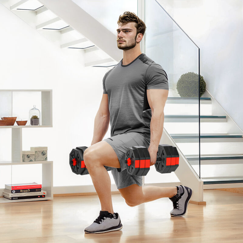 Set Pesi Da Palestra 4 In 1 Da 30kg Totali In Plastica E Sabbia, Set Manubri Regolabili Utilizzabile Come Kettlebell, Manubri, Bilanciere E Supporto Per Flessioni, Rosso
