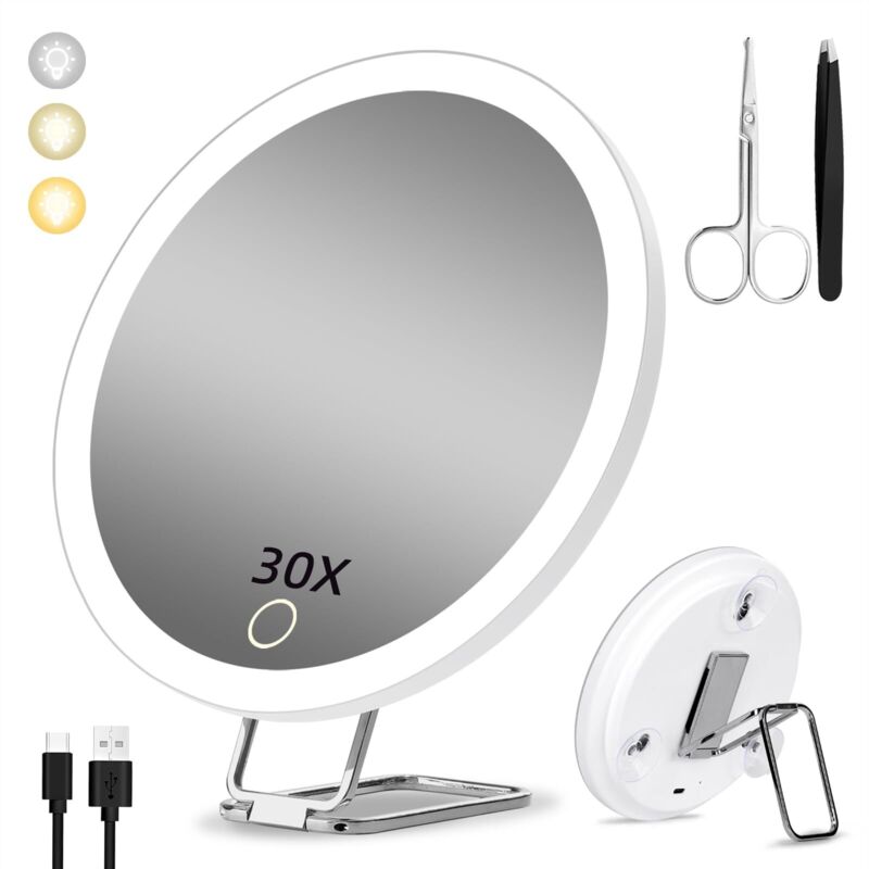 Specchio Ingranditore 30x Con Luce, 15 Cm, 3 Modalità Di Oscuramento Del Colore, Specchio Per Il Trucco Illuminato 30x, Grande Specchio Ingranditore Da Viaggio Ricaricabile Con 3 Ventose E Supporto Da