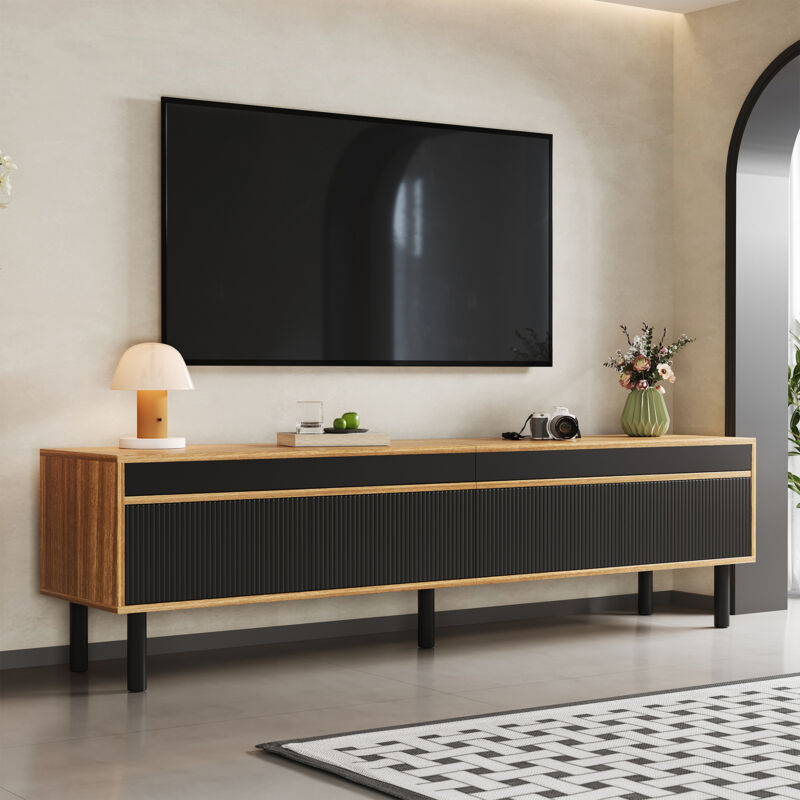 Mobile Tv Con 4 Ante E Apertura Push-to-open, Effetto Doghe, Piedini In Legno, Stile Moderno, Nero, 170×38×47 Cm