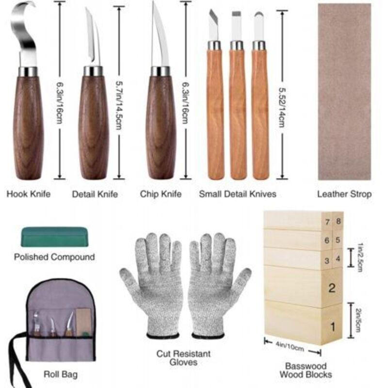 Set Di Coltelli Da Intaglio Con Blocchi Di Legno, Set Per Intaglio Del Legno Per Adulti E Bambini Principianti, Il Set Include 6 Coltelli Da Intaglio, 8 Blocchi Di Legno E Guanti Di Grandi Dimensioni.