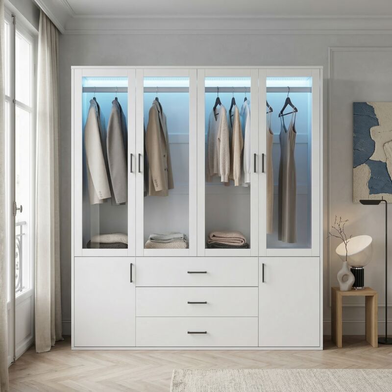Armadio Per Camera Da Letto 60x51,8x182 Cm, Armadio Guardaroba Con Illuminazione Led E 4 Ante In Vetro, Guardaroba Con 3 Cassetti, Stile Moderno Scandinavo, Bianco