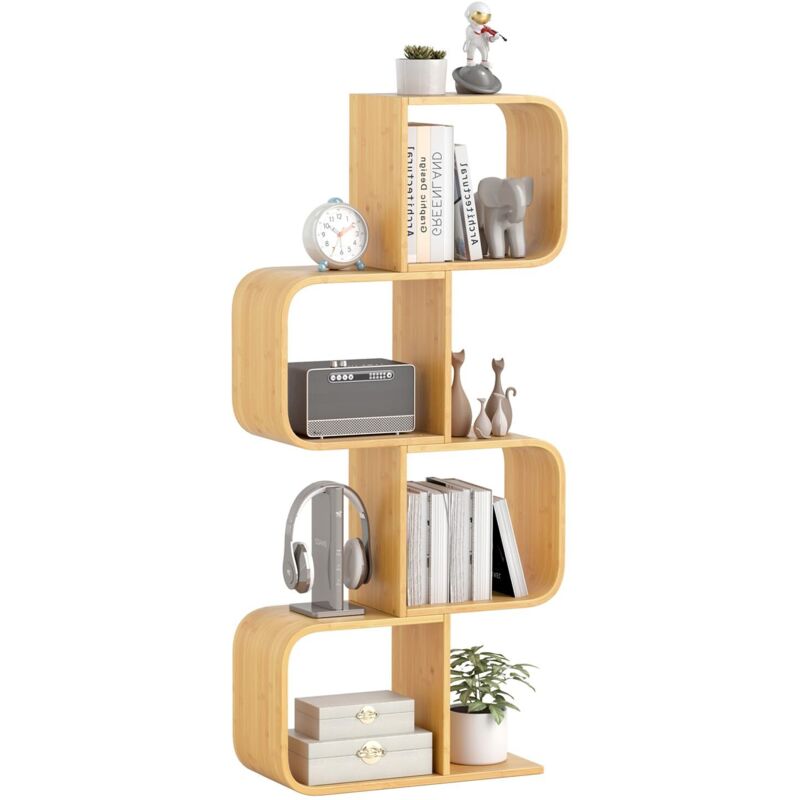 Costway Libreria A 4 Cubi Forma Di S, Libreria Bassa Scaffale In Bamboo, Libreria Design Moderna Salvaspazio Da Terra, Per Soggiorno, Studio E Ufficio, 61 X 23 X 133,5 Cm, Naturale (4 Livelli)