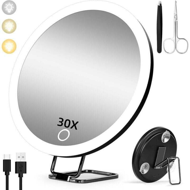 Specchio Ingranditore 30x Con Luce, 15 Cm, 3 Modalità Di Colore, Dimmerabile, Specchio Per Il Trucco Illuminato 30x, Grande Specchio Ingranditore Da Viaggio Ricaricabile Con 3 Ventose E Supporto Da Ta
