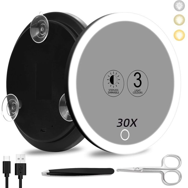 Specchio Ingranditore 30x Con Luce, Specchio Grande Da 15 Cm, 3 Colori, Illuminazione Regolabile 30x Con 3 Ventose, Specchio Da Viaggio Ingranditore 30x, Specchio Per Il Trucco Ad Alto Ingrandimento