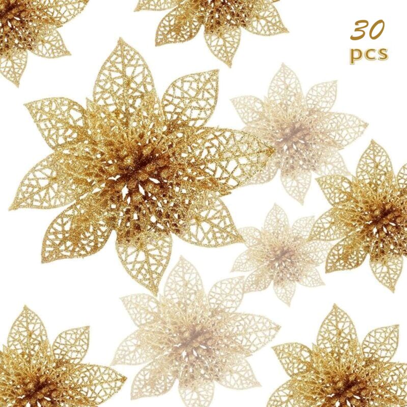 Fiori Di Natale, 30 Fiori Di Natale Scintillanti, Fiore Di Natale Cavo E Scintillante, Stella Di Natale Artificiale, Decorazione Per Albero Di Natale, Matrimonio, Festa, Natale (oro)