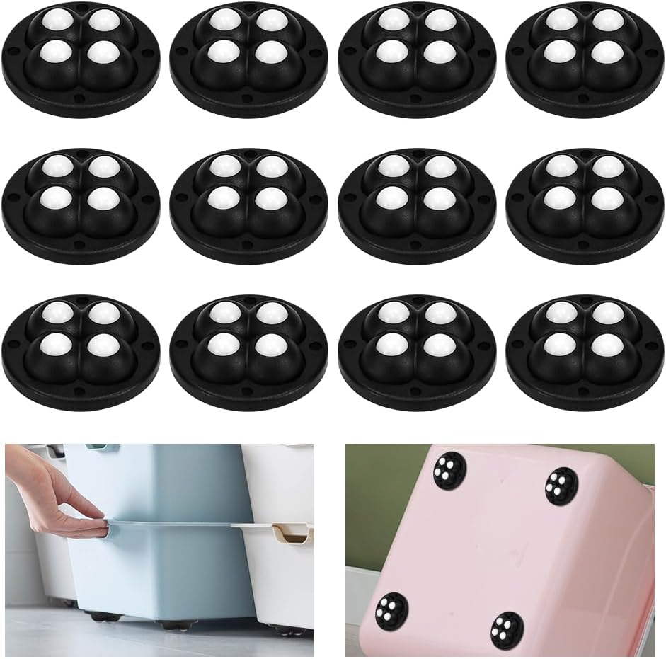 12 Ruote Girevoli Per Mobili Con 4 Sfere, Mini Ruote Autoadesive, Piccole Ruote In Plastica Girevoli A 360°, Piccole Ruote Per Mobili 45x45 Mm, Per Bidoni Della Spazzatura, Macchine Da Caffè, Nere