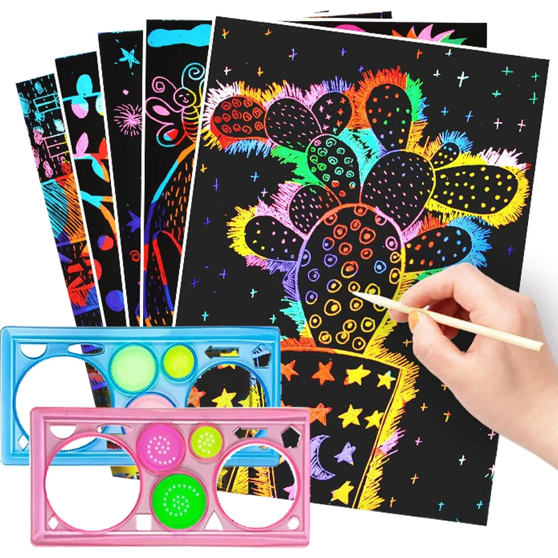 10PCS Scratch Papier Notebook Schwarz DIY Regenbogen Kunst Papier Vorlage Karte Neon Scratch Buch mit Holz Stick Student belohnungen TMZ Image