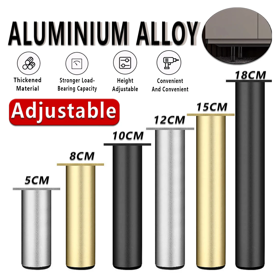 4 Stück 5 cm-30 cm Möbelbeine aus Aluminiumlegierung, verstellbare Metallbeine für Schrank, Tischbeine, Sofafüße, Möbel-Ersatzfüße Image