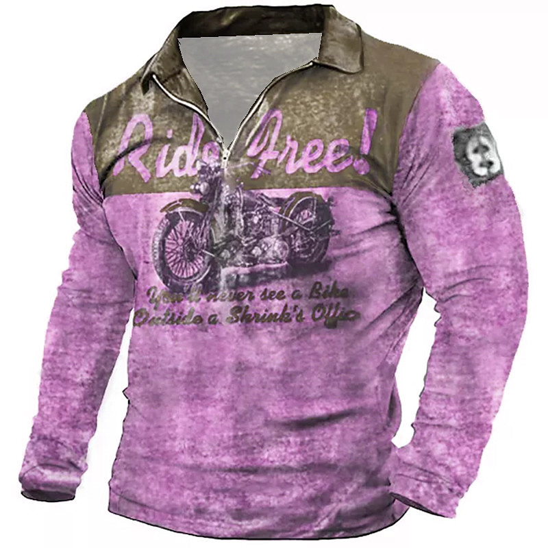 Men's Vintage Motorcycle Long Sleeve Graphic Tee - Ride Free Biker Shirt with Anti-Shrink Quote, Rider Lifestyle Apparel