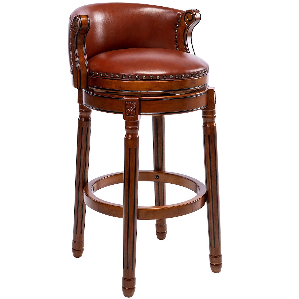 MODFU Barhocker Echtleder und Holz Braun, 360° drehbar, Sitzhöhe 74,9 cm, mit Rückenlehne Image