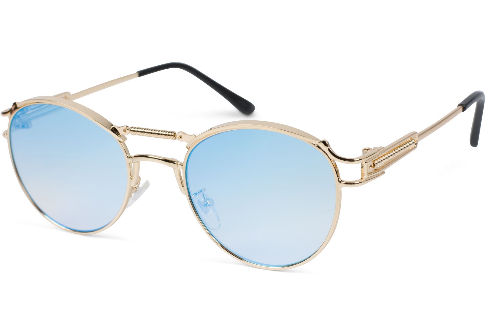 Sonnenbrille STYLEBREAKER "Panto Sonnenbrille mit Federn", Damen, blau (gestell gold, glas blau, rosa verspiegelt), Modisch, Sonnenbrillen Sonnenbrille
