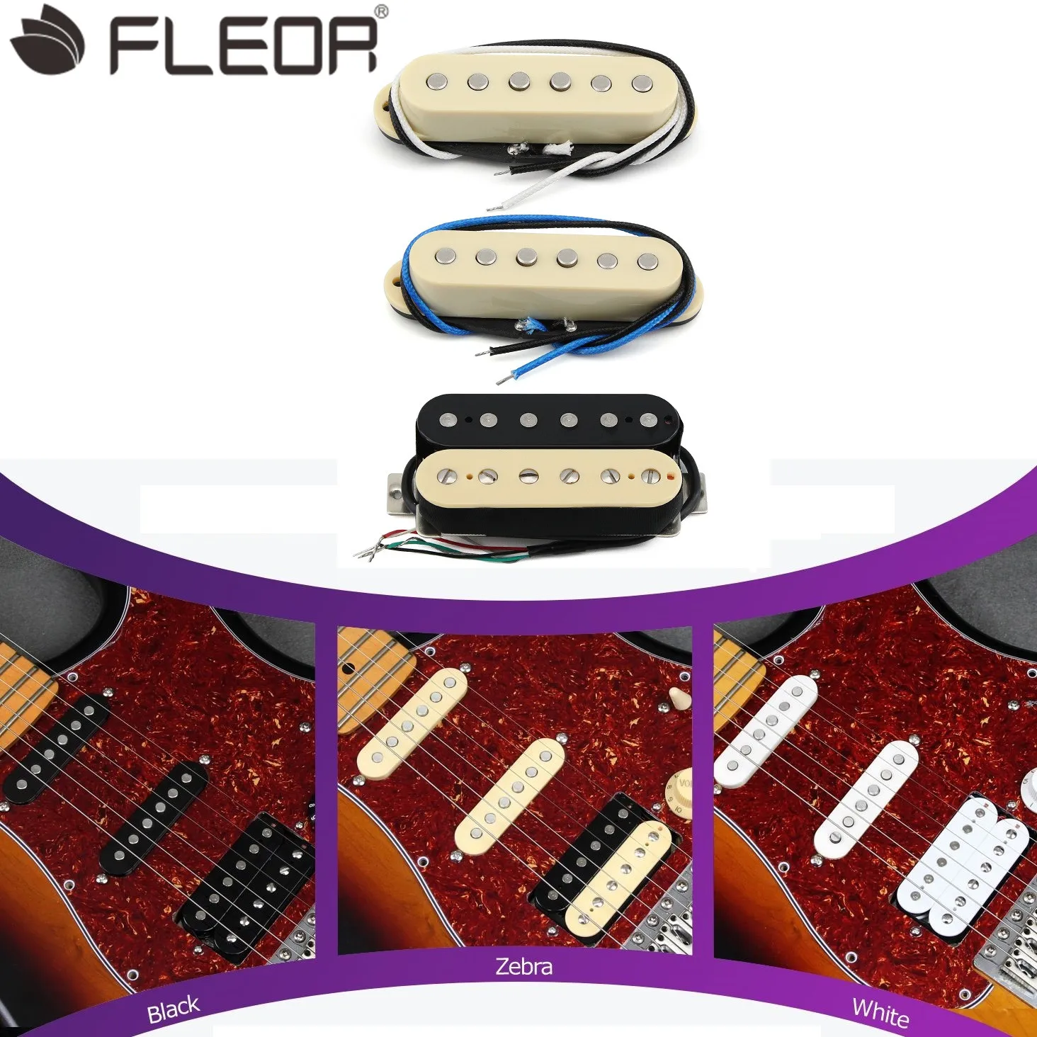 FLEOR HSS Alnico 5-Gitarren-Tonabnehmer-Set, Humbucker + Single-Coil-Tonabnehmer, versetzt für SSH ST-Gitarrenteile Image