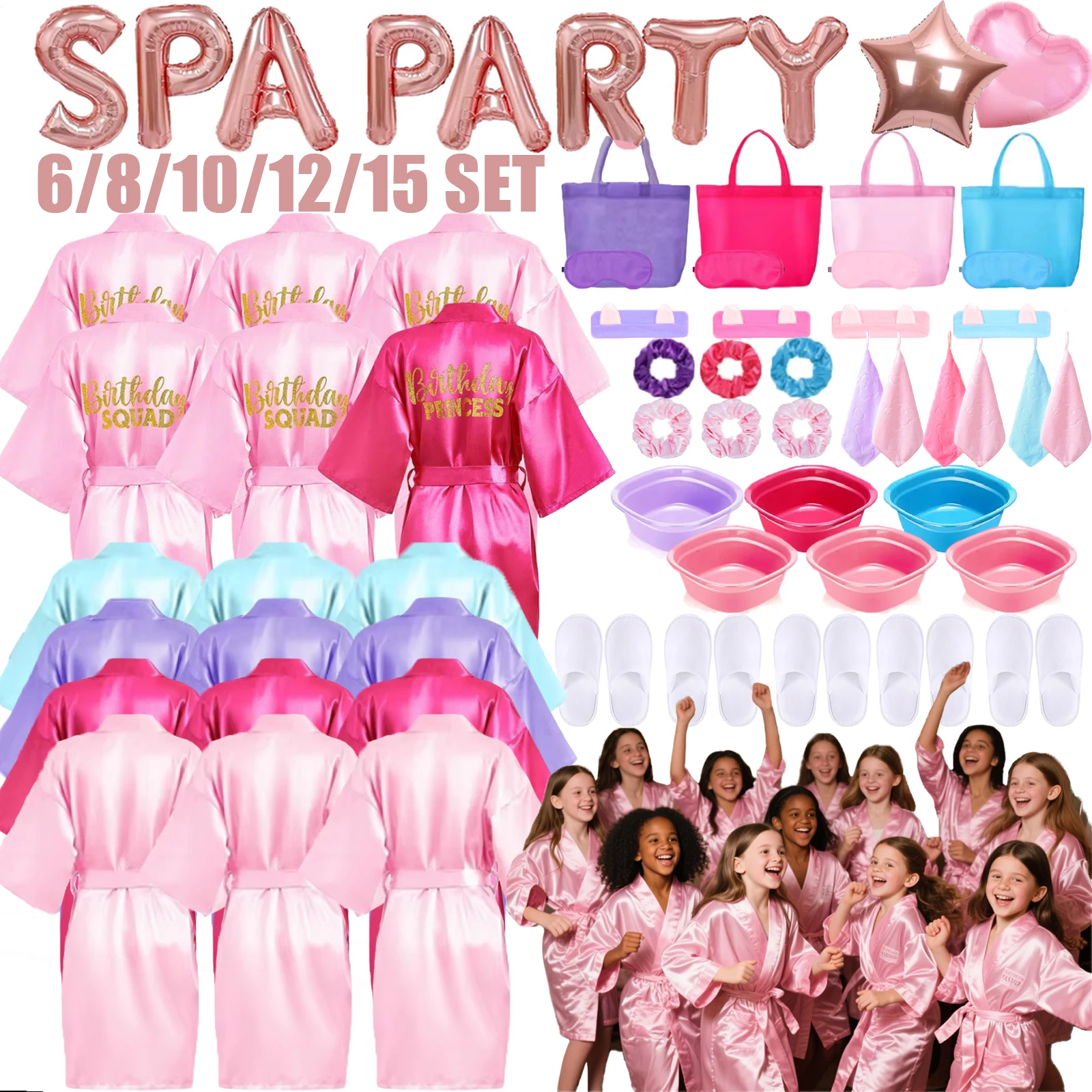 15-6er-Set Spa-Party-Bademäntel für Geburtstagsfeiern, Übernachtungspartys, Pyjama-Partys, Spa-Gewänder, Becken für Fußbäder Image