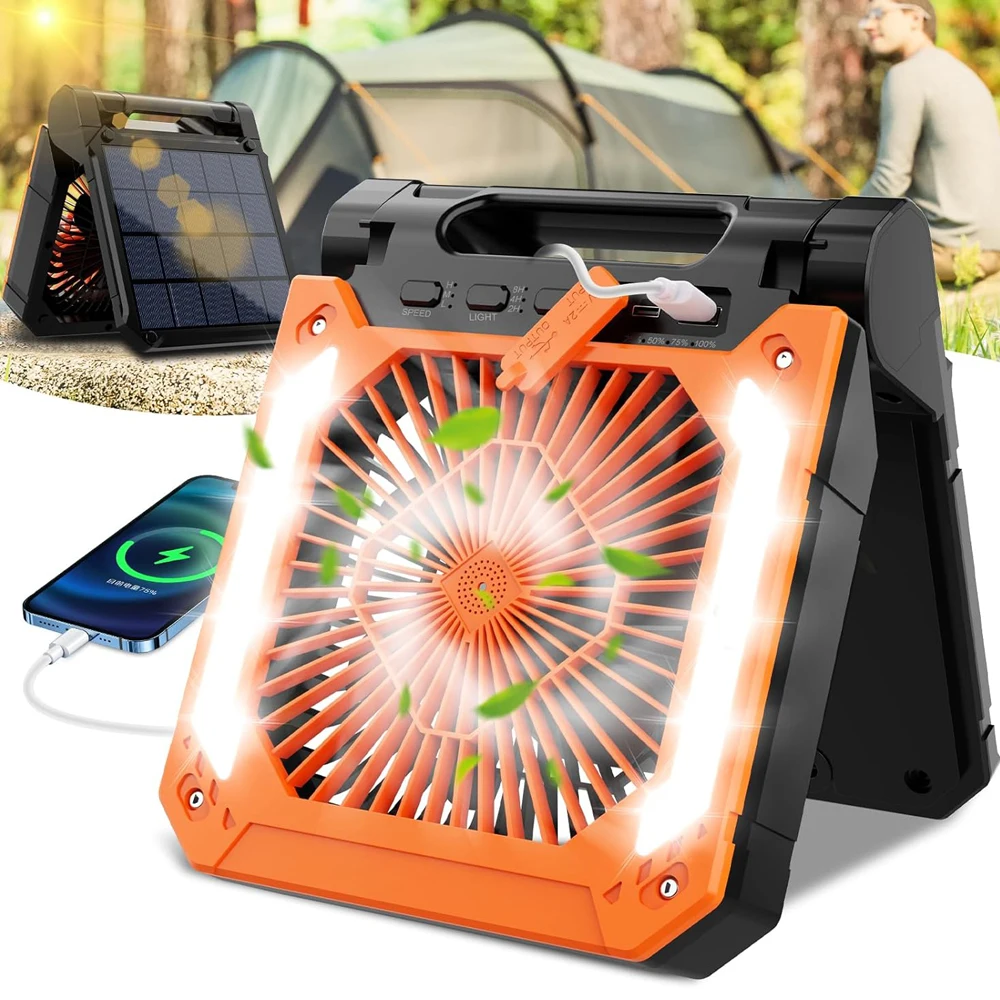 Tragbarer, wiederaufladbarer Tischventilator mit Solarpanel, LED-Laterne und Haken, USB-Ladeventilator für Haushalt, Camping, Angeln Image