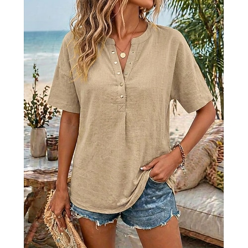 Damen Hemd Freizeithemd Urlaub Vintage Mode Kurzarm V Ausschnitt Crop Tops Lässig Khaki Schwarz Weiß Gelb Rosa Sommer Frühling Image