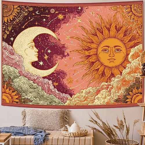Wandteppich mit Sonne- und Mondmotiv, himmlisches Paisley-Galaxie-Sternenhimmel-Wandbehang für Schlaf- und Wohnzimmer im Boho-Stil Image