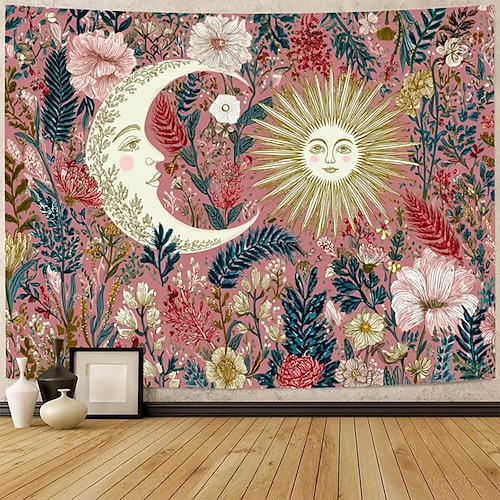 Wandteppich mit Sonne- und Mondmotiv, himmlisches Paisley-Galaxie-Sternenhimmel-Wandbehang für Schlaf- und Wohnzimmer im Boho-Stil Image