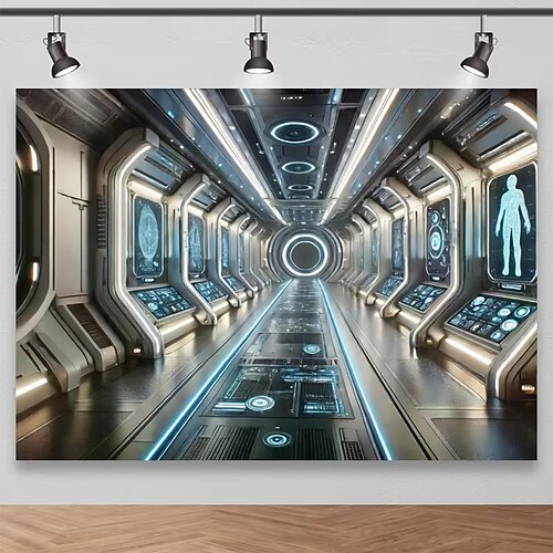 Wandteppich mit futuristischem Stadt- und Weltraummotiv, Wandbehang mit Blick aus dem Fenster eines Raumschiffs im Sci-Fi-Stil für Schlaf- und Wohnzimmerdekoration Image