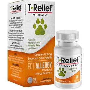 MediNatura T-Relief Natural Itchy Skin Relief, Homeopathic Allergy Support for Skin, Coat, Hives & Sneezing Allergy Chewable Tablet Supplement for Dogs, Cats & Horses, 90 count