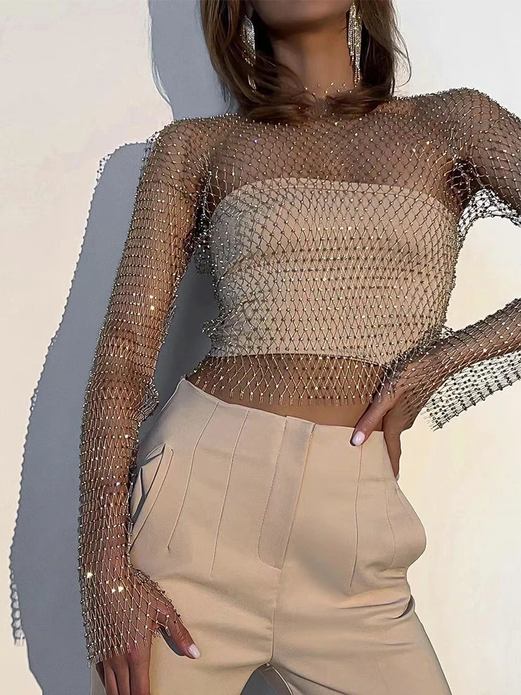 Frauen Sexy Mesh Durchsichtig T-shirt Glänzenden Strass Fishnet Aushöhlen Crop Top Langarm Strand Cover Up Party Club Tank Tops Image