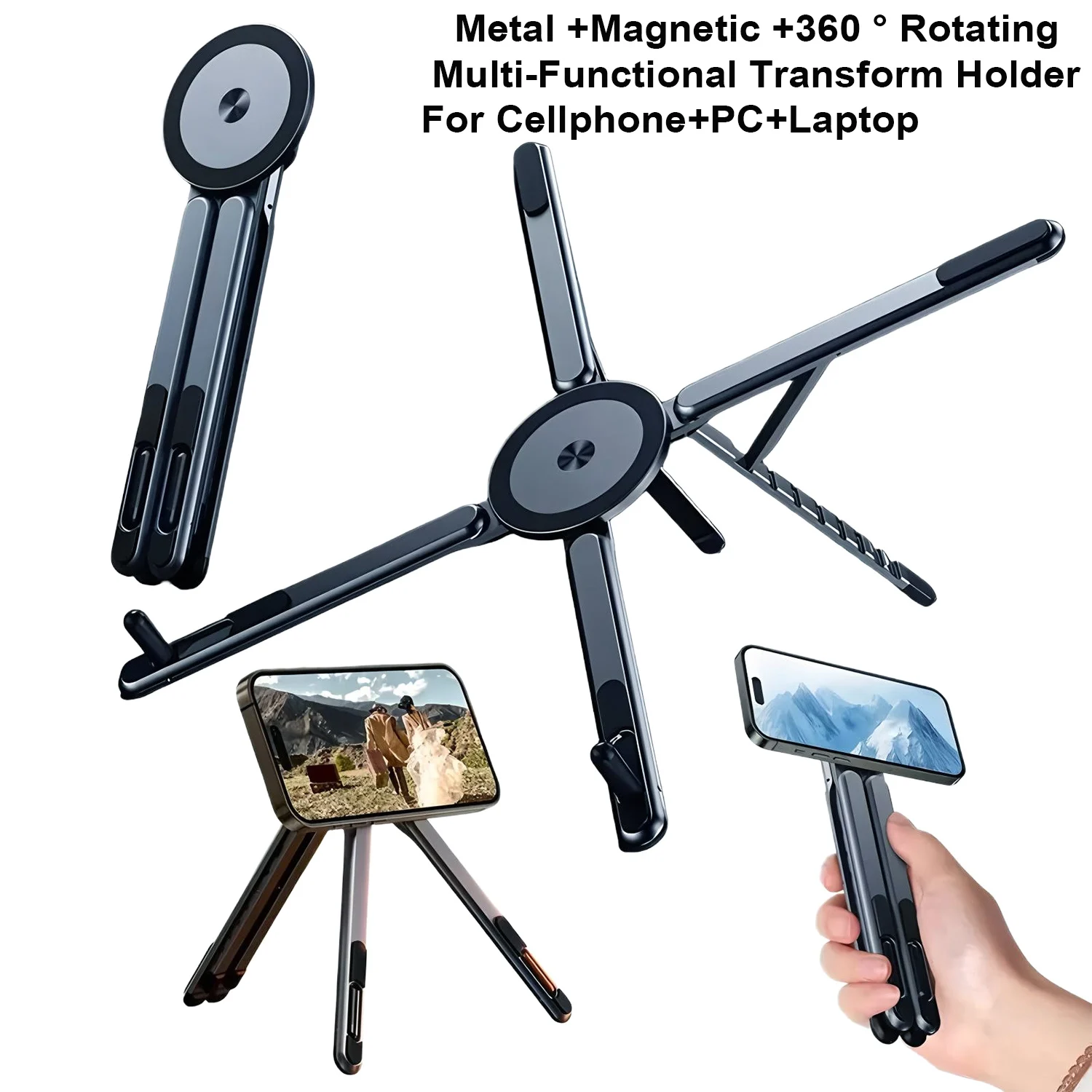 Tragbarer Magnetischer Handyhalter & Selfie-Stick 3-in-1 Faltbares Stativ für iPhone iPad Tablet Laptop Desktop-Nutzung Image