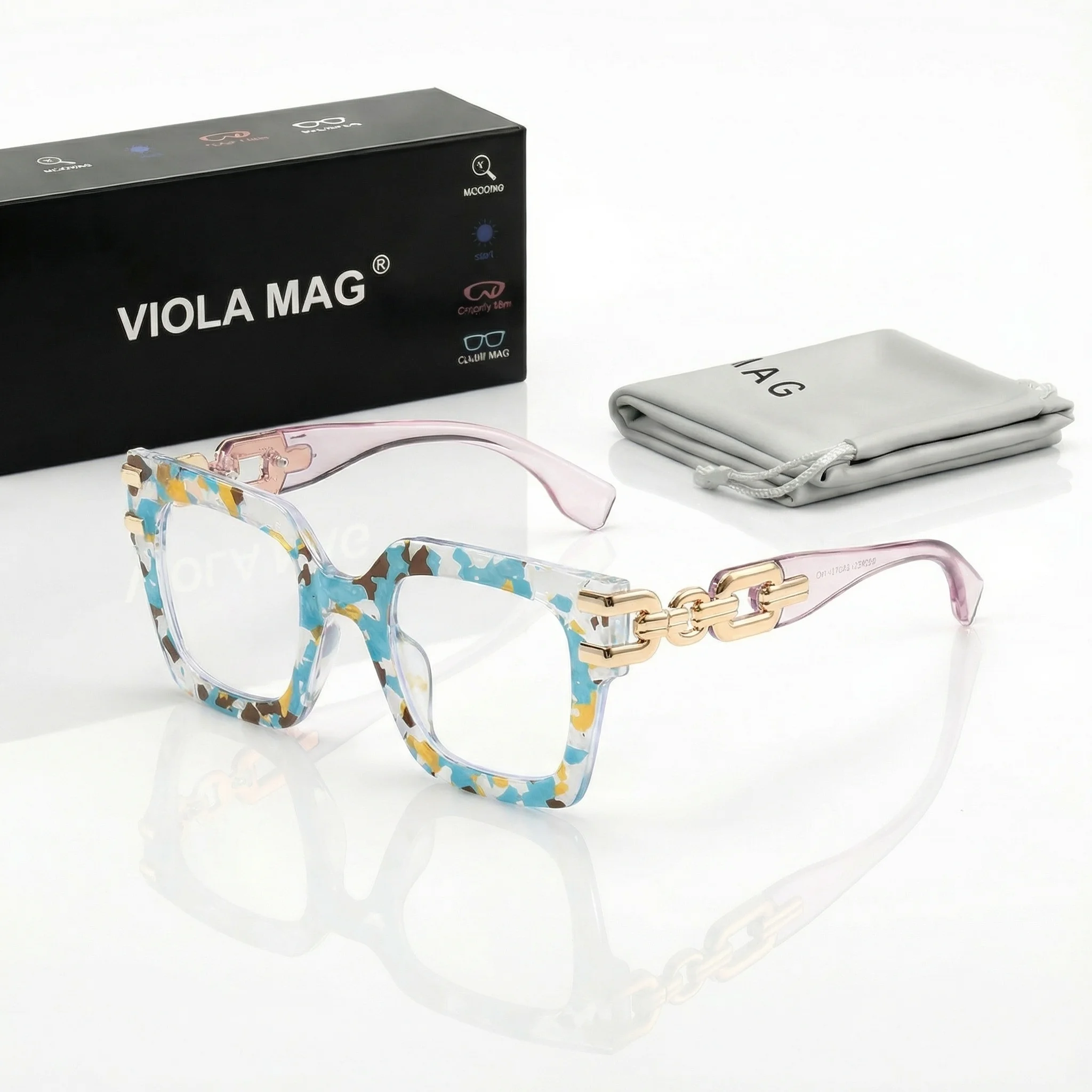VIOLA MAG große, quadratische Lesebrille mit Kettenverzierung, Blaulichtfilter für Pendler, Straßenfotografie und den Alltag, mit Etui und Image