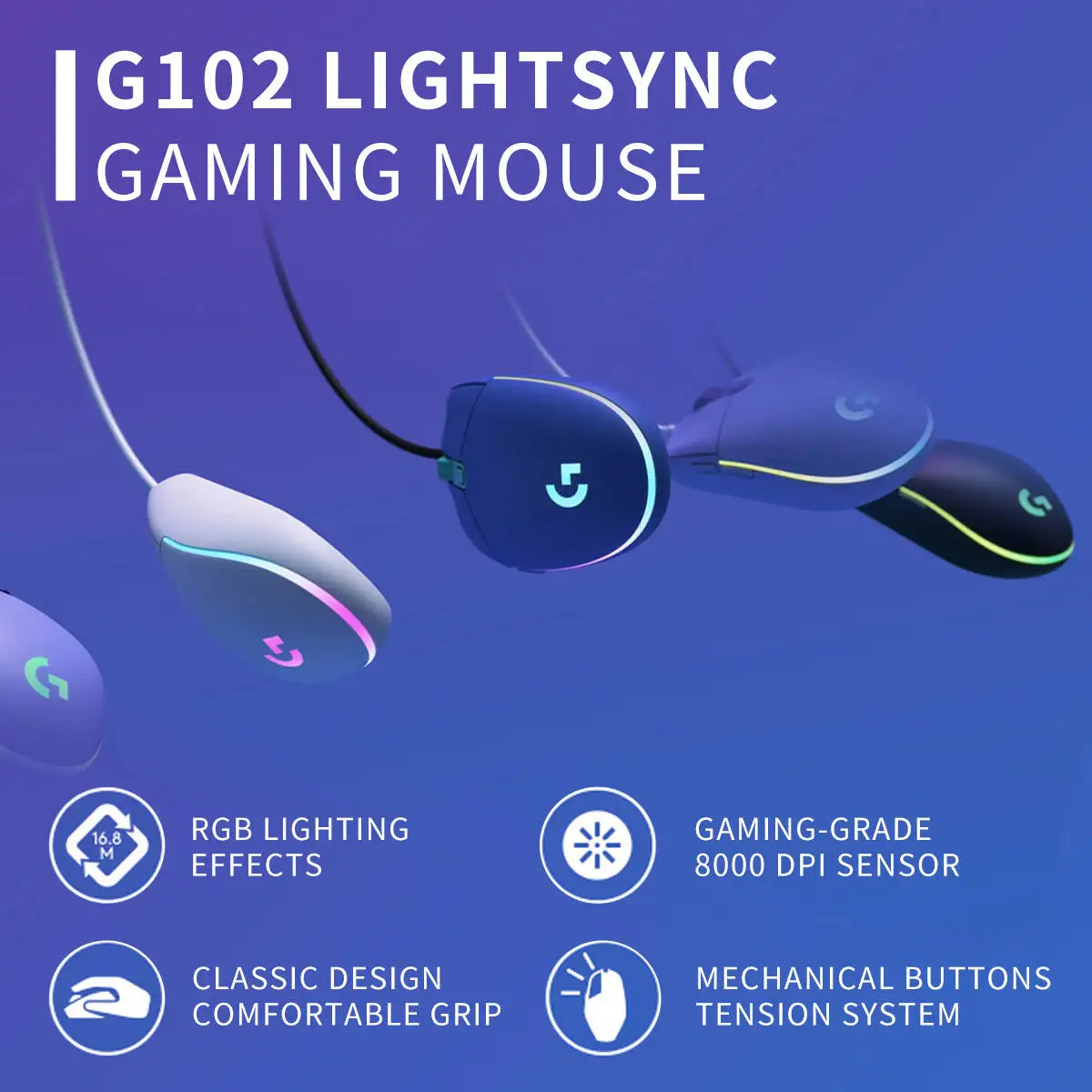 Logitech G102/G203/G402 Prodigy Gaming-Maus, 20 Millionen Klicks Lebensdauer, Leichtes Design, RGB-Hintergrundbeleuchtung für Laptop-Gaming Image