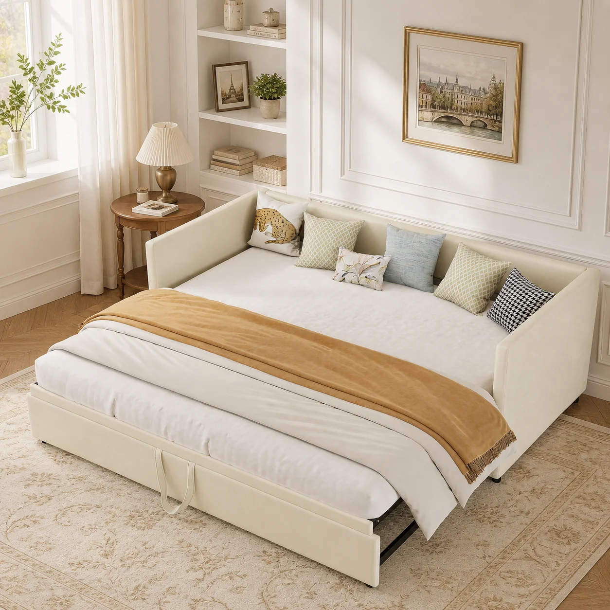 Schlafsofa 90/180x200 cm, Polsterbett Tagesbett mit ausziehbarem Rollbett, Einzelbett Doppelbett mit Lattenrosten, Samtstoff Bettgestell Gästebett Multifunktionsbett platzsparend für Schlafzimmer, Image
