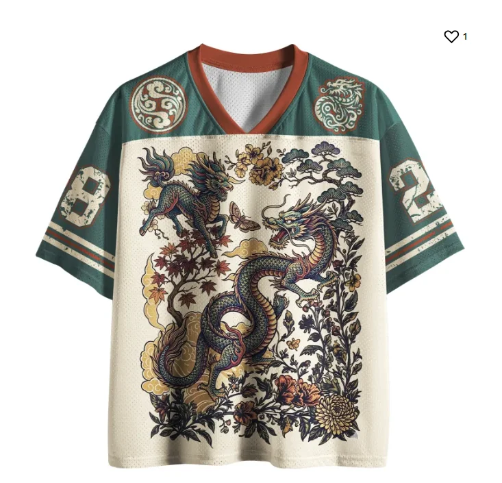 Glückverheißendes T-Shirt mit Qilin-Drachenmuster für Erwachsene und Kinder, 3D-Druck, amerikanischer Jersey-Stil, locker sitzendes Kurzarm-Oberteil mit V-Ausschnitt Image