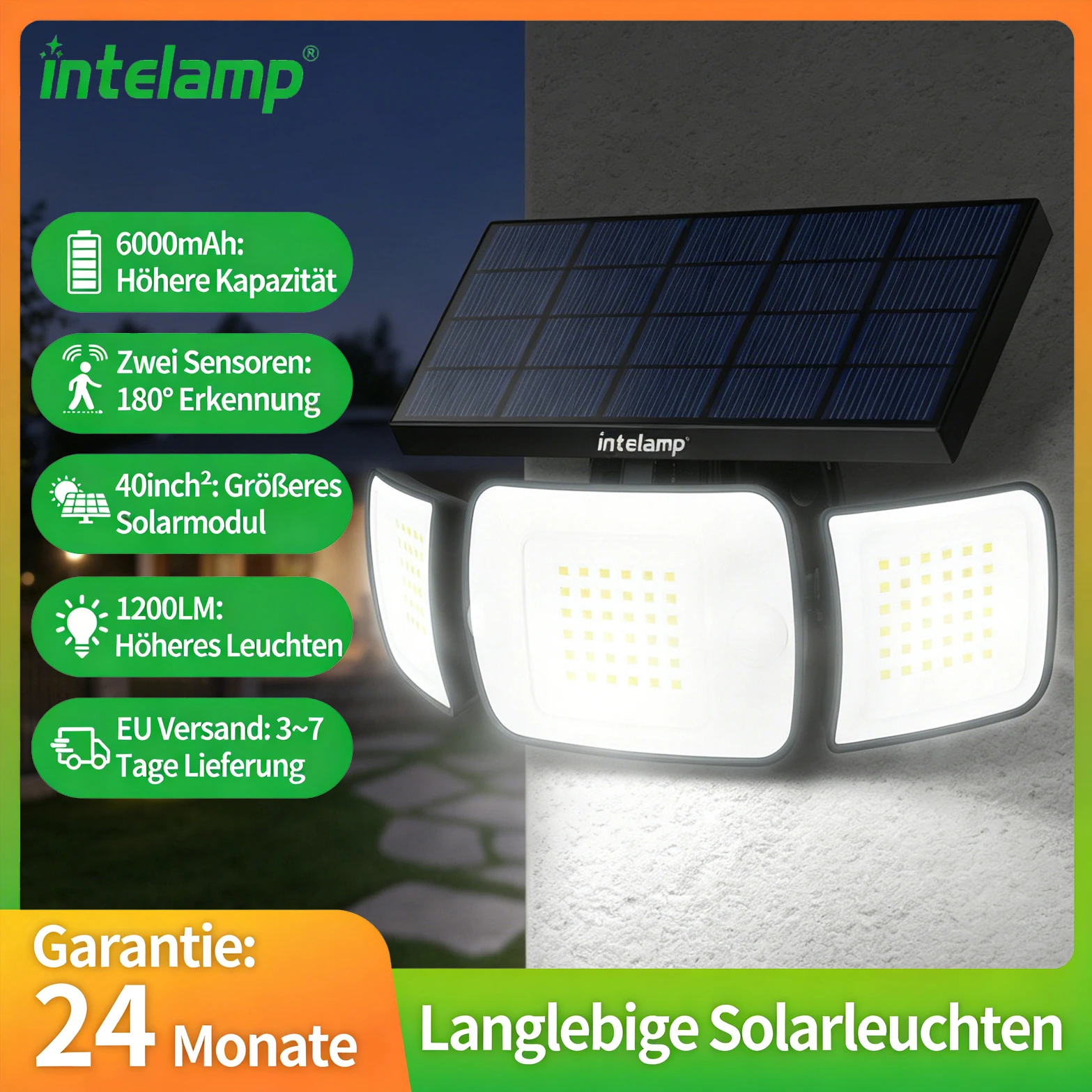 Intelamp Solar-Strahler 6000mAh Große Batterie IP65 Mit 3 Modi Doppelter Bewegungssensor 6500K Solar-Flutlichter für Garten und Garage solar lampe led solar außenleuchte solar light solar led solar