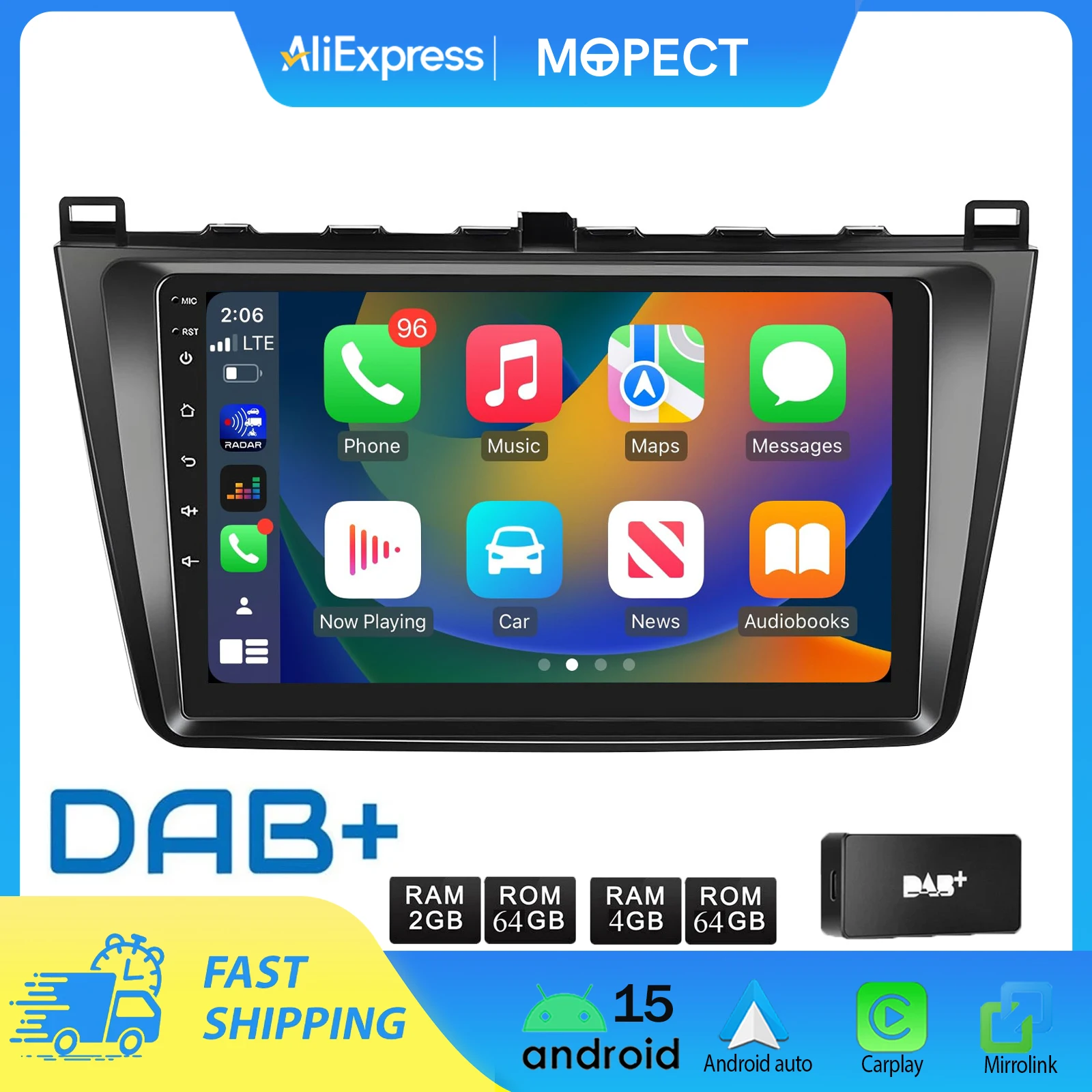 MOPECT 9-Zoll Android 15 4+128G für MAZDA 6 2007-2013 Kabelloses Carplay Android Auto Autoradio GPS NAVI WIFI Bluetooth RDS SWC Image