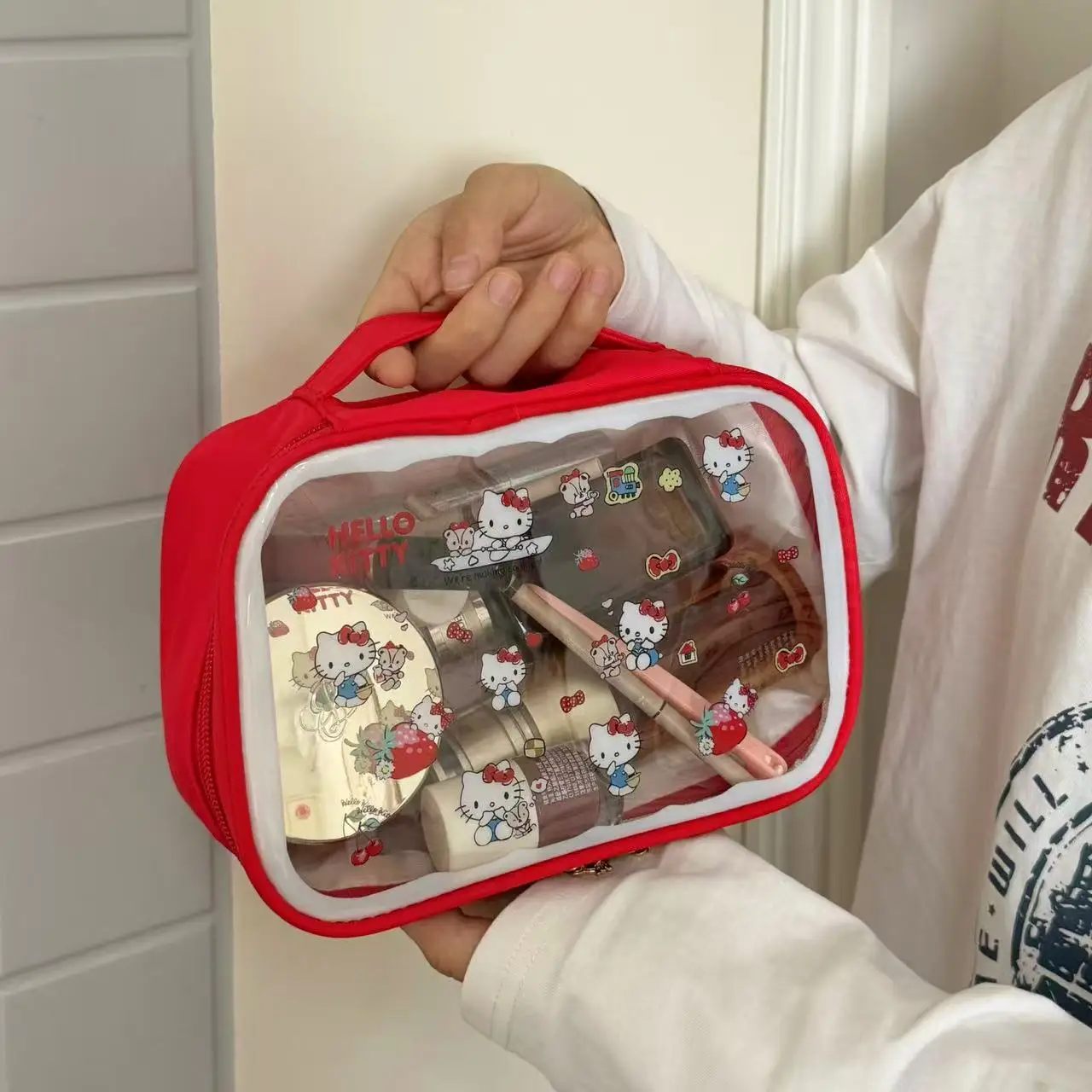 Sanrio Hello Kitty Niedliche tragbare Make-up-Tasche für Reisen, große Kapazität, Aufbewahrungstasche für Toilettenartikel, Kawaii Y2K, transparente Kosmetiktasche, Geschenke