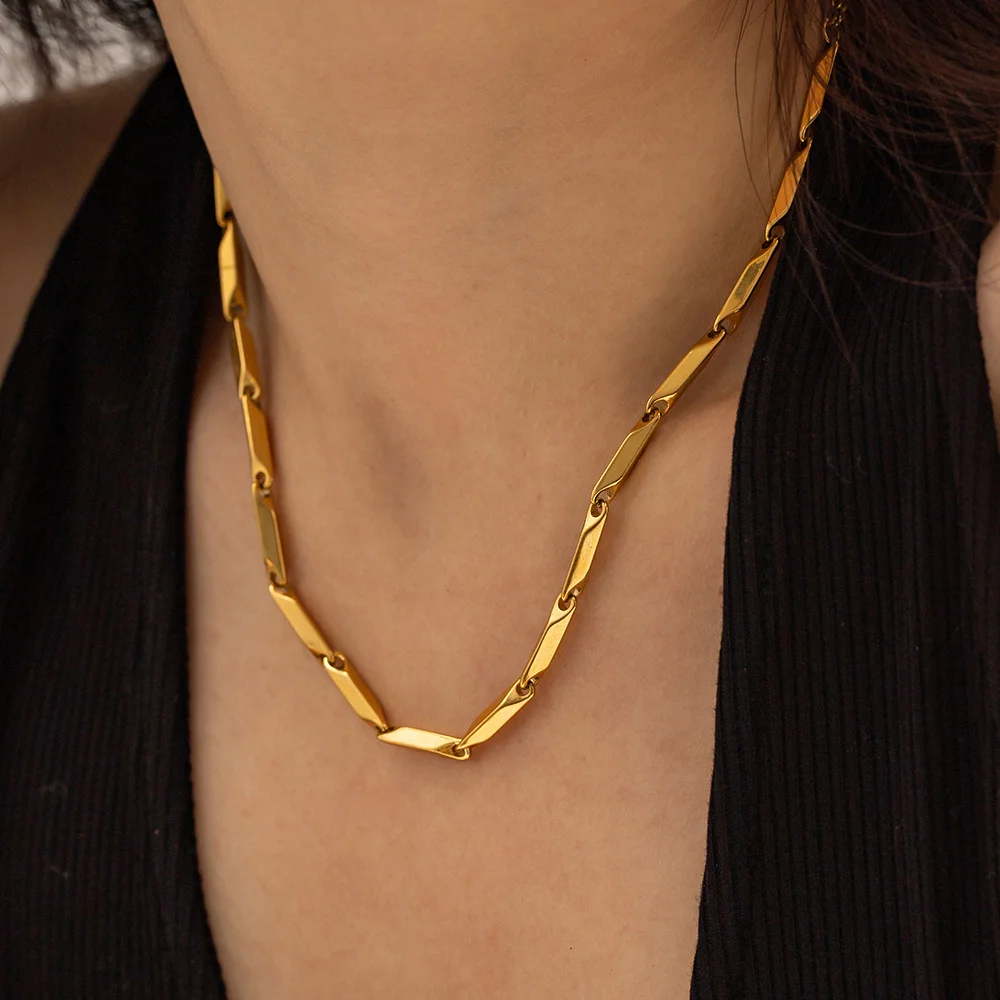 Modische Punk-Halskette aus Edelstahl, 3mm Breite, Hochwertige Gold/Silber Farbige Bambus-Gliederkette für Männer und Frauen, Schmuck-Accessoire Image