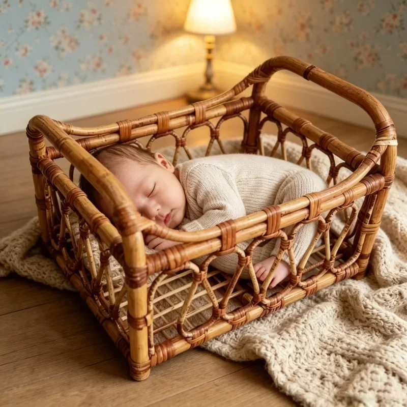 Handgefertigtes Vintage-Bambus-Babybett, 1 Stück, Requisite für Fotoshootings im Studio, Zubehör für Neugeborenen-Fotografie von Jungen und Mädchen Image