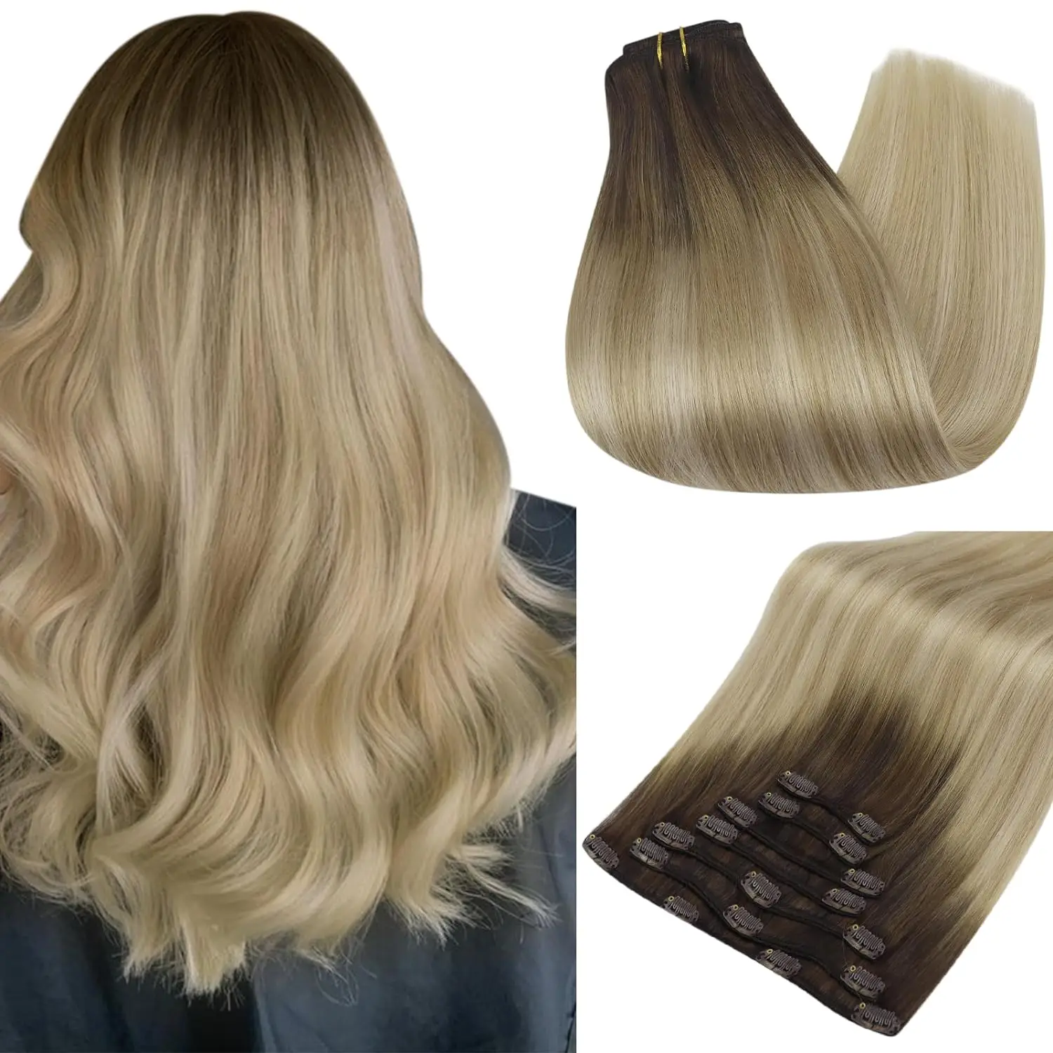 Full Shine Echthaarverlängerungen, Clip-in-Haarverlängerungen, Balayage, 7 Stück, 120 g, Doppelschuss-Haarverlängerungen, Remy-Echthaar Image