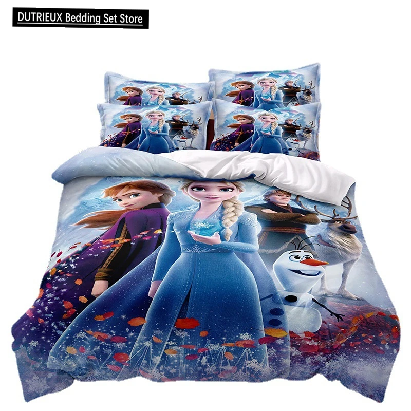 Disney Cartoon-Bettwäsche-Set, Frozen Princess Elsa, Kissenbezug, Bettbezug, Kinderbett, dreiteiliges Set, für Erwachsene, Einzelbett, Doppelbett, volle Größe Image